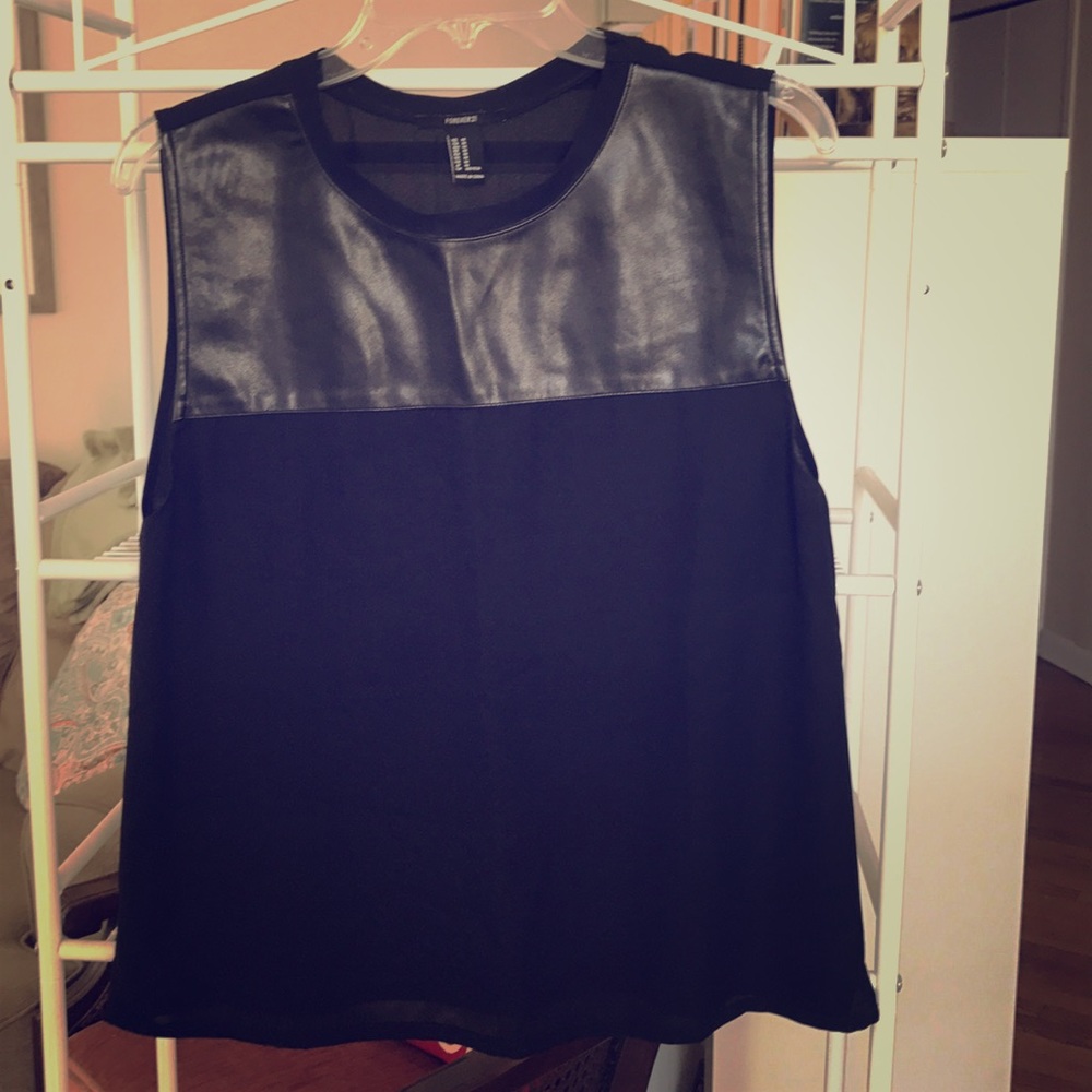 Black chiffon top with leather neckline